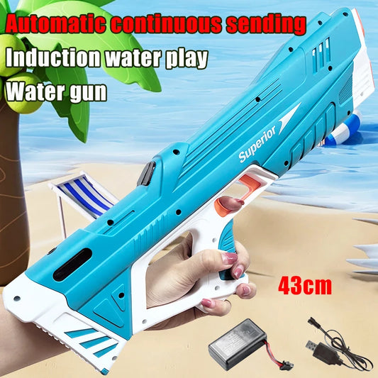 Full Electric Automatic Water Storage Gun Toy for Children - 43cm, Portable, Ideal for Summer Beach Outdoor Play
